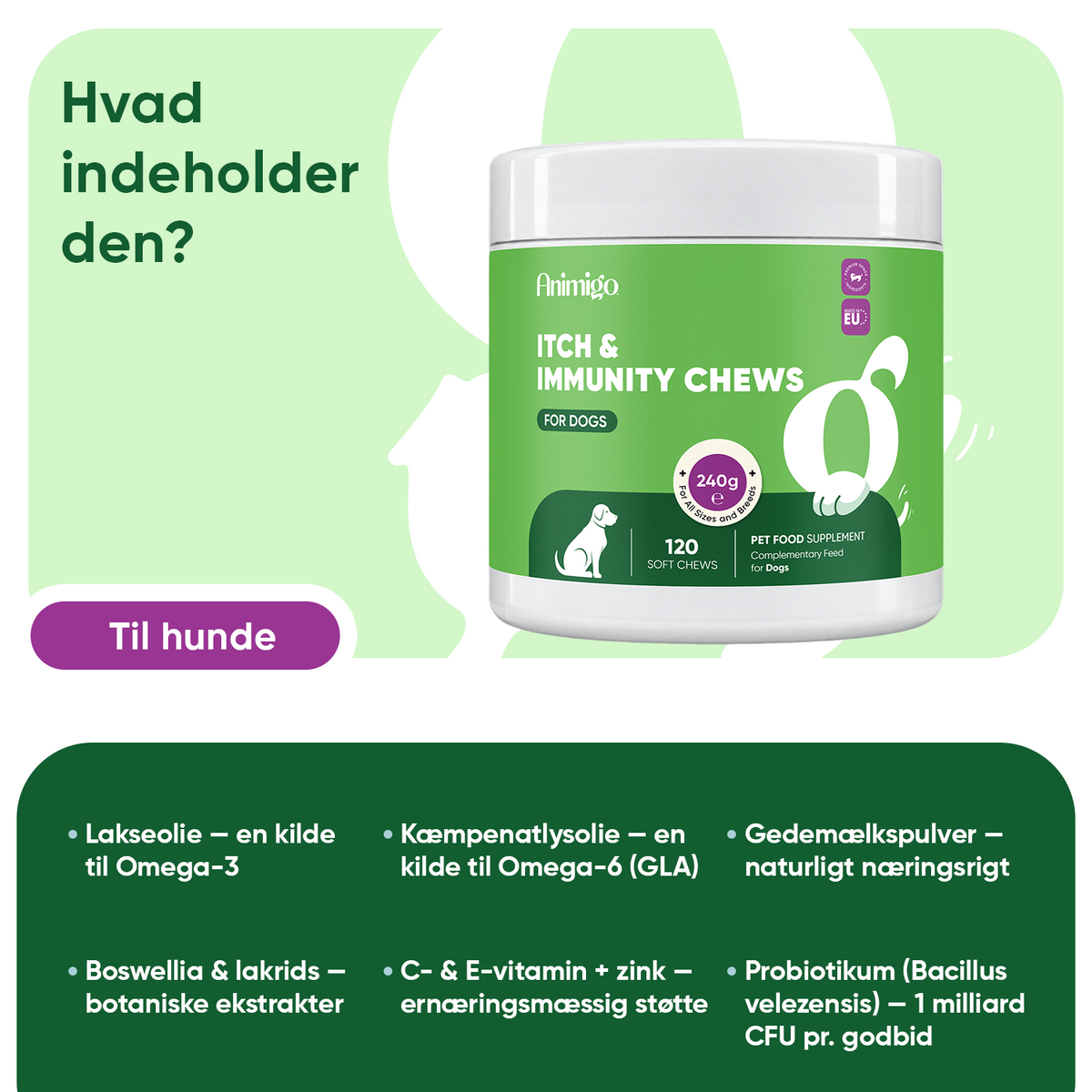 Tyggetabletter mod kløe og bedre immunforsvar hos hunde - 120 stk.