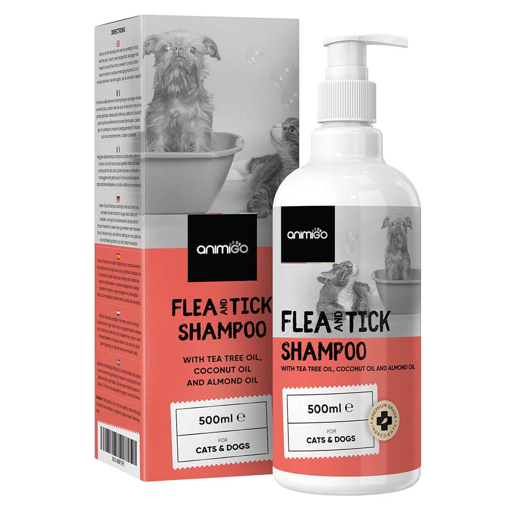 Loppe & Flåt Shampoo til katte og hunde - Stærke antibakterielle ingredienser - Bekæmper flåter og lopper uden kemikalier - 500 ml